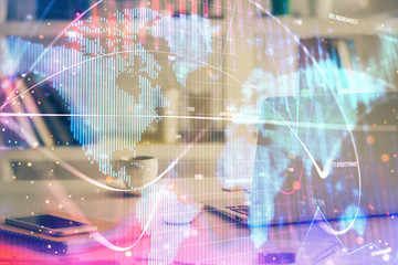 Multi exposure of business theme icons and table with computer background. Concept of success.