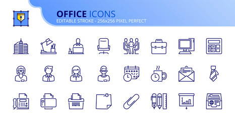 Simple set of outline icons about office. Business concepts