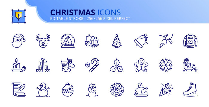 Simple set of outline icons about Christmas. Holidays events.