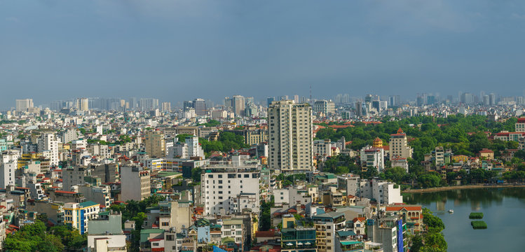 Hanoi cityscape with skyline view during sunset period at West Lake ( Ho Tay ) in 2020
