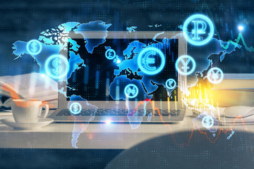 Financial graph colorful drawing and table with computer on background. Multi exposure. Concept of...