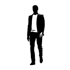 Businessman walking forward, abstract vector silhouette, ink drawing. Isolated business people