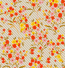 Sweet Ditsy Florals and Leaves Small Flowers Seamless Pattern Trendy Elegant Colors Perfect for Fashion and Wrapping Paper Print Diagonal Striped Background