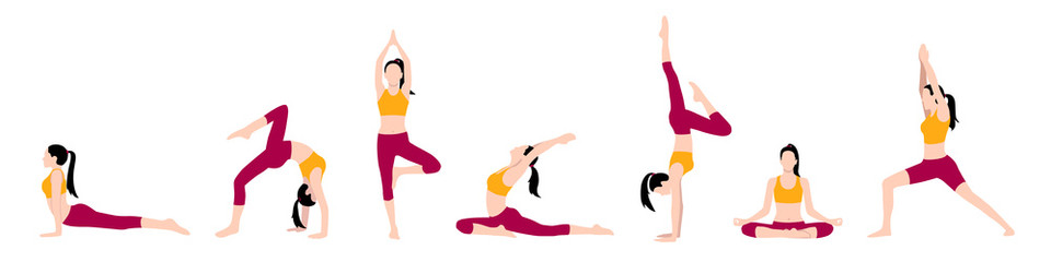 Vector set of a young fit woman practicing various yoga positions.