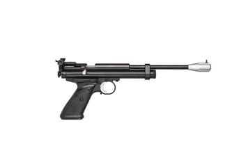 Modern sport air pistol with mechanical sight isolate on white back. Pneumatic guns for grade and...