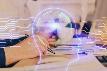 Brain multi exposure icon with man hands background.