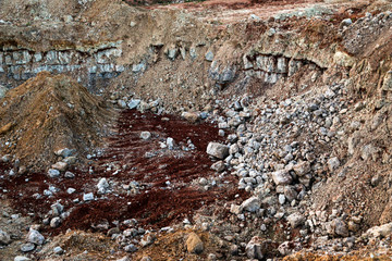 textures of various clay layers underground in  clay quarry after  geological study of  soil. colored layers of clay and stone in  section of  earth, different rock formations and soil layers.