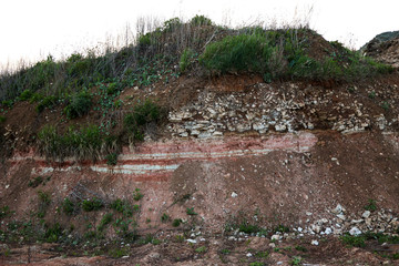 textures of various clay layers underground in  clay quarry after  geological study of  soil. colored layers of clay and stone in  section of  earth, different rock formations and soil layers.