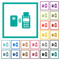 Contactless payment flat color icons with quadrant frames