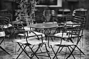 abstract blurred background street cafe in the city, no people, empty, summer restaurant quarantine
