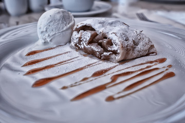 Austrian strudel with ice cream in a cafe, dessert in a restaurant background