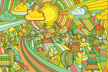 Landscape of geometric elements with lines. Floral tribal retro doodle vector doodle illustration. Sunset, clouds, mountains, hills, trees.