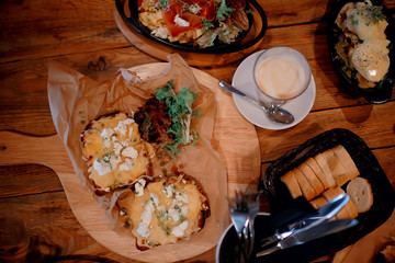 breakfast in a cafe, interior morning food hotel, teapot and cup serving restaurant