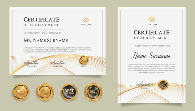 Diploma certificate border template with gold line art and badges