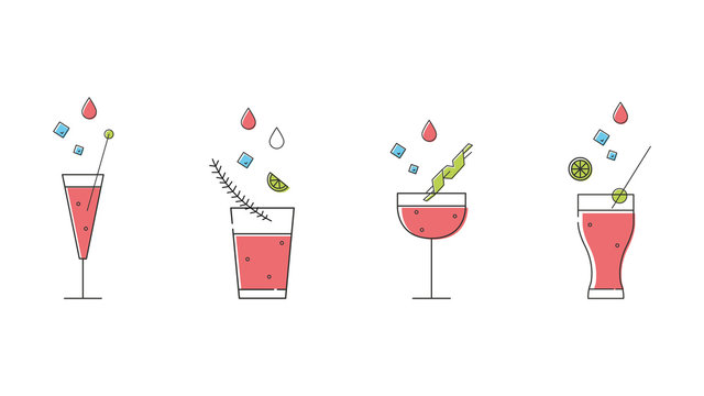 A set of cocktails. Cold summer drinks. Modern style. Flat design