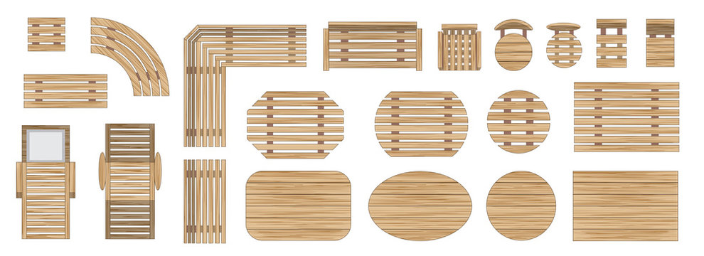 Vector set. Outdoor wooden furniture. (top view) Isolated Vector Illustration. Tables, benches, chairs, sunbeds. (view from above). 
