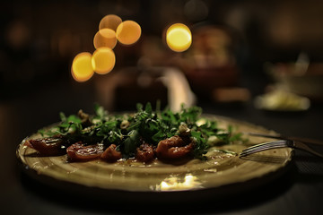 salad in cafe interior, asian cuisine, abstract in restaurant background