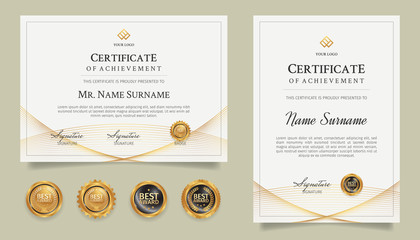 Diploma certificate border template with gold line art and badges