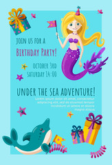 Birthday invitation card with cute little dolphin, mermaid and starfish. Ready-made invitation design with presents and flags. Colorful vector illustration in flat style.