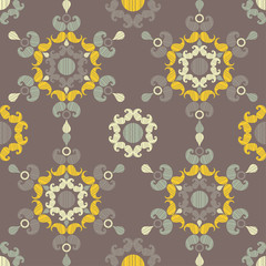Christmas Snowflakes. Paisley ornament. Seamless background. Design with manual hatching. Drawing. Ikat. Vector illustration for web design or print.