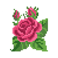 Rose cross stitch pattern. Image of 8 bit pixel rose flower in vector illustration.