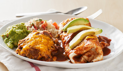 mexican wet burrtio platter with red enchilada sauce, refried beans, rice and gaucamole