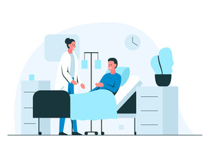 Female doctor talking to a patient in a hospital ward. Friendly doctor cheking on a patient during the hospital round. Vector illustration of a smiling man in bed recovering in hospital ward interior
