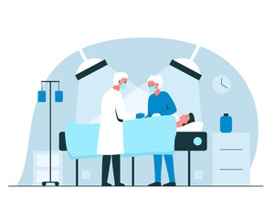 Male surgeon and nurse performing an operation in surgery room in a hospital. Vector concept illustration of a man under the lights anesthetized - obrazy, fototapety, plakaty