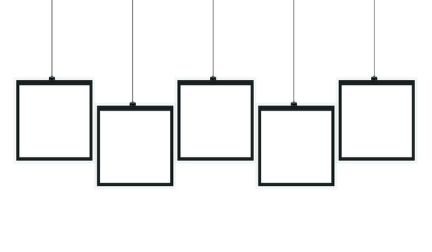 blank white board hanging on rope,hanging photo frames on white background.