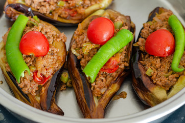 Traditional Turkish food stuffed aubergine ( karniyarik ) made