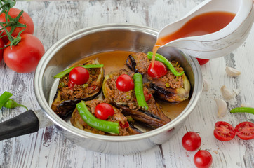 Traditional Turkish food stuffed aubergine ( karniyarik ) made