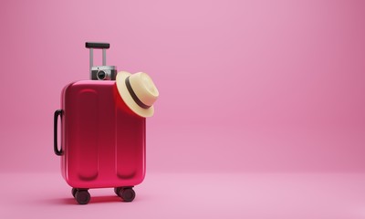 3D rendering Pink, modern travel suitcase, luggage with camera, and a hat on pink color background