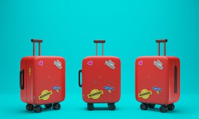 3D rendering Set of 3 red, stylist travel suitcases, luggages with stickers on blue color background