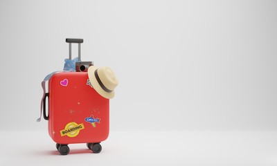 3D rendering Red travel suitcase, luggage with scarf, camera, and a hat on white color background