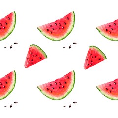 Slices of watermelon isolated on a white background. Painted with acrylic paints. Can be used to create wrapping paper, phone cases, wallpapers, fabrics, fashion prints.