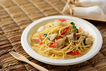Stir- fried spicy spaghetti with mushroom, Thai style, Vegan food