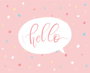 Fototapeta na wymiar Hello. Beautiful lettering in speech bubble on pink abstract background. Cute calligraphic card design. - Vector