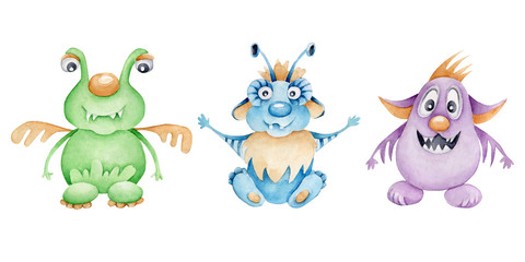 Hand drawn watercolor monsters collection.Cute kids illustration.Cartoon character