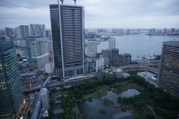 urban city skyline aerial view under cloudy sky in Tokyo, Japan