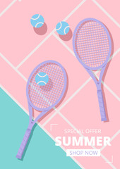 Cute pastel colors concept tennis rackets and tennis balls on court floor