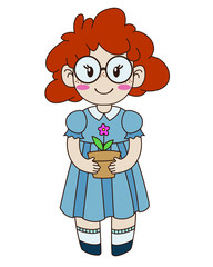 Cute girl with flower in a pot in cartoon style. Vector illustration isolated on a white background. Element for print, greeting and invitation card.