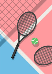 Cute pastel colors concept tennis rackets and tennis balls on court floor