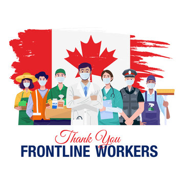 Thank You Frontline Workers. Various Occupations People Standing With Flag Of Canada. Vector