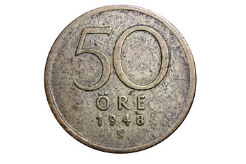 Reverse side of a Swedish 50 ore coin from 1948 on a white color background. This side of the coin...