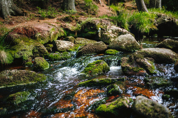 water of the river Weißer Main flows through a creek bed with stones in the Fichtelgebirge