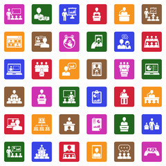 Business Presentation Icons. White Flat Design In Square. Vector Illustration.