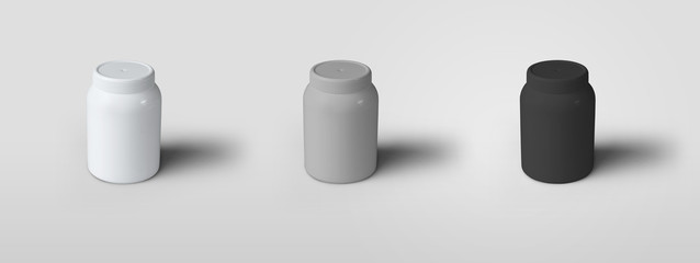 Set of white, gray, black bottles for vitamins, pills and supplements.