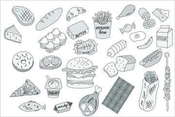 Food. Fast food. Ready meals. Vector. Sketch. Thematic selection