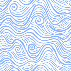 Seamless pattern with blue twisted  waves. Design for backdrops with sea, rivers or water texture. Repeating texture. Figure for textiles. Surface design.