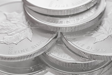 Macro Close up of a Silver Canadian Maple Leaf Bullion Coin